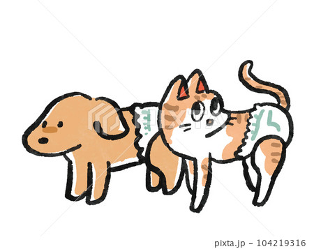 おむつを付けた犬と猫の水彩手描き風イラスト 104219316