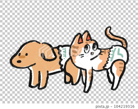 おむつを付けた犬と猫の水彩手描き風イラスト 104219316