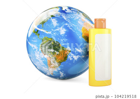 Orange plastic cosmetic bottle with Earth Globe. 3D rendering 104219518