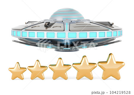 UFO with five golden stars. 3D rendering UFO with five golden stars. 3D rendering 104219528