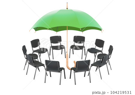 Umbrella with chairs in a circle, 3D rendering Umbrella with chairs in a circle, 3D rendering 104219531