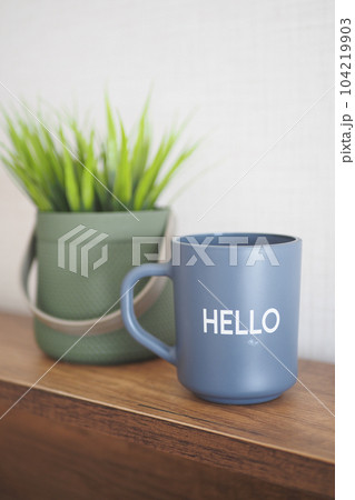 blue coffee cup with hello word blue coffee cup with hello word 104219903
