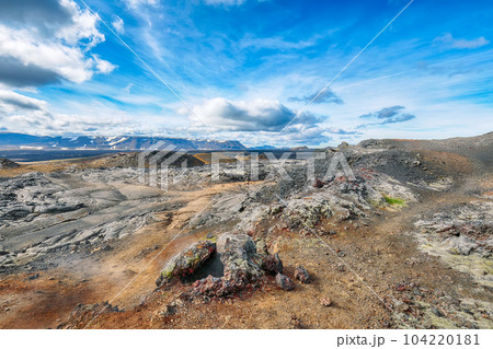 Breathtaking frozen lavas field in the geothermal valley Leirhnjukur, near Krafla volcano. 104220181