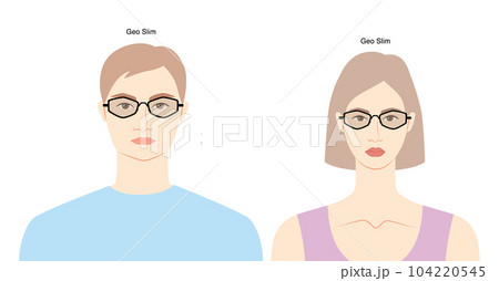 Geo slim frame glasses on women and men flat character fashion accessory illustration. Sunglass front view unisex Geo slim frame glasses on women and men flat character fashion accessory illustration. Sunglass front view unisex 104220545