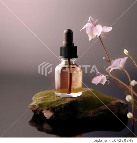 Dropper bottle styled mockup, cosmetic serum oil container template on botanical background with wood and plants, beauty product design-ready packaging 104220848