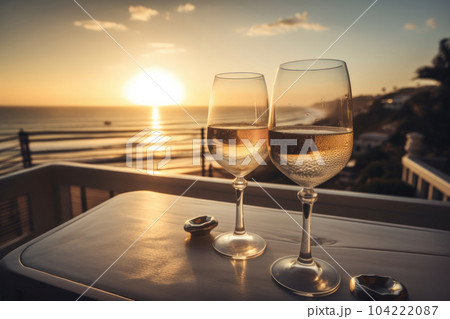 The beauty of champagne is captured in this stunning photo of two glasses on a table at golden hour, perfect for any celebration. AI Generative. 104222087