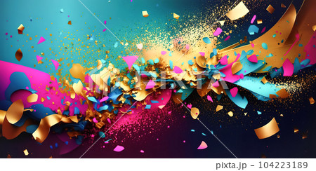 Festive Abstract background with flying confetti, splashes, ribbons. Modern bright blank background, template for banner Festive Abstract background with flying confetti, splashes, ribbons. Modern bright blank background, template for banner 104223189