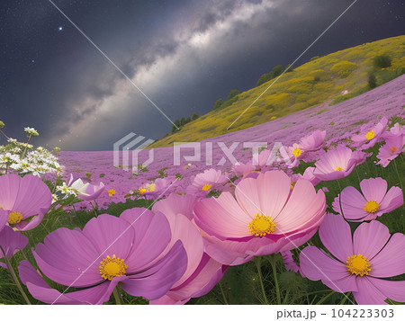 美しく咲き乱れるコスモス畑「AI生成画像」 104223303