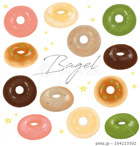 いろんなベーグルの手描き水彩セット　ベクター 104223502