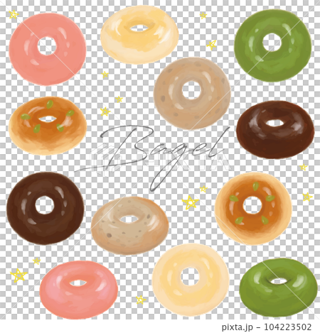 いろんなベーグルの手描き水彩セット　ベクター 104223502