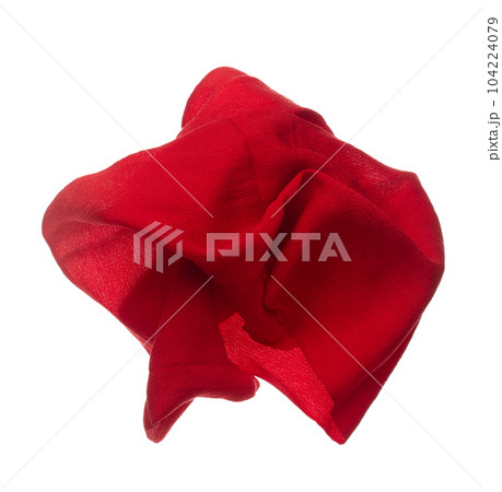 Red Obi fabric Japanese Traditional Komono equipment fly in air with curve. Obi fabric Japanese Traditional Komono around waist is beautiful clothes for ceremony event. White background isolated 104224079