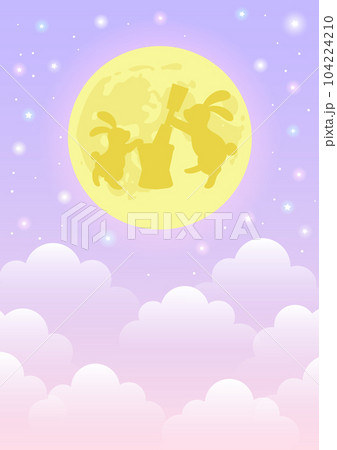 紫のメルヘンゆめかわ世界に浮かぶ月うさぎ付き満月タテ 104224210