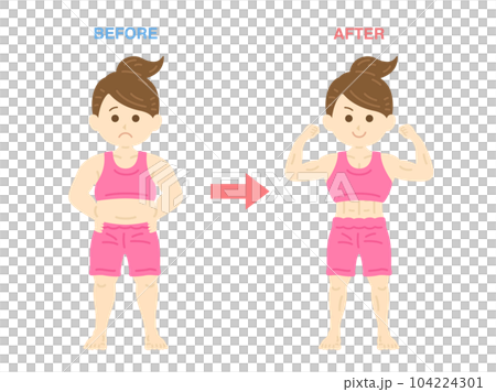 ダイエットした女性の、ビフォーアフターのイラスト ダイエットした女性の、ビフォーアフターのイラスト 104224301