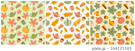 Set of Autumn Seamless Pattern Illustration Element Panoramic of Maple Trees Fallen in Cartoon Template Hand Drawn 104225383