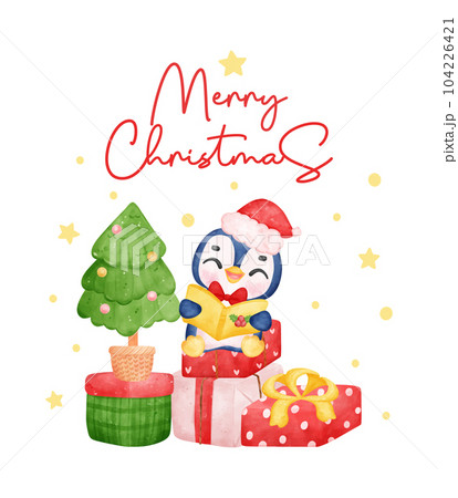 Charming Christmas Penguin Singing Festive Songs on Colorful Gift Boxes, Delightful Watercolor Cartoon for Kids. Perfect for Cards, Invitations, and Decorations Charming Christmas Penguin Singing Festive Songs on Colorful Gift Boxes, Delightful Watercolor Cartoon for Kids. Perfect for Cards, Invitations, and Decorations 104226421