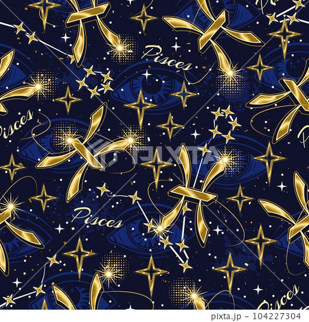 Seamless pattern with golden icon of zodiac sign Pisces, constellation with stars, text, third eye, all seeing eye on blue background. Esoteric concept. For prints, clothing, t shirt, surface design Seamless pattern with golden icon of zodiac sign Pisces, constellation with stars, text, third eye, all seeing eye on blue background. Esoteric concept. For prints, clothing, t shirt, surface design 104227304