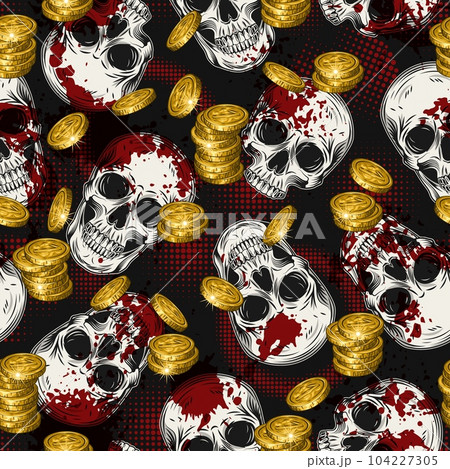 Grunge pattern with human skulls, golden coins, red paint splatter, halftone shapes. Gothic style. Concept of money. For apparel, fabric, textile, surface decoration. Grunge pattern with human skulls, golden coins, red paint splatter, halftone shapes. Gothic style. Concept of money. For apparel, fabric, textile, surface decoration. 104227305