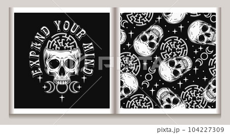 Vintage label, pattern with human skull like cup, labyrinth, stars, tripple goddes sign. Concept of sacred spirit, magic, expanded mind, psychic abilities. Mystical surreal illustration Vintage label, pattern with human skull like cup, labyrinth, stars, tripple goddes sign. Concept of sacred spirit, magic, expanded mind, psychic abilities. Mystical surreal illustration 104227309