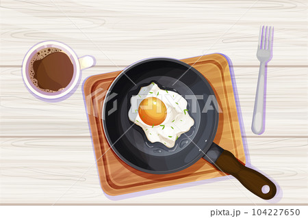 Fried egg on frying pan wooden board, fork and coffee cup top view in cartoon style on wooden table background. Breakfast meal Fried egg on frying pan wooden board, fork and coffee cup top view in cartoon style on wooden table background. Breakfast meal 104227650