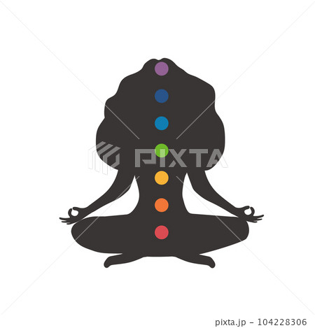 Seven chakras system of human body. Meditating female silhouette with basic energy centers. Yoga, relaxation or healthy lifestyle concept. Health care. Indian culture. Flat vector illustration 104228306