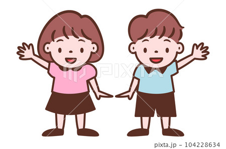 仲良しな手を挙げる男の子と女の子の可愛いポップな子ども・キッズの全身ベクター人物イラスト素材 104228634