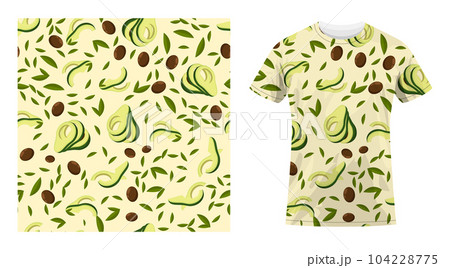 Short sleeved cotton sports t shirt decorated Avocado fruit pattern with leaves and seeds. Avocado wedges and slices. Comfortable summer clothes. Vector ornament for design of textile and fabric Short sleeved cotton sports t shirt decorated Avocado fruit pattern with leaves and seeds. Avocado wedges and slices. Comfortable summer clothes. Vector ornament for design of textile and fabric 104228775