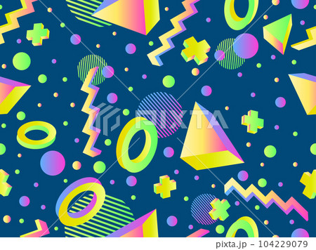 3D geometric seamless pattern in 80s style. 3d isometric shapes with gradient colors. Geometric memphis style. Design for promotional products, wrapping paper and printing. Vector illustration 104229079