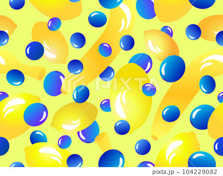 Bananas, lemons and blueberries in 3d style seamless pattern. Summer berry-fruit mix with lemons, bananas and blueberries. Design for wallpapers, banners and posters. Vector illustration 104229082