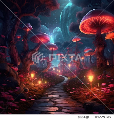 Mystical fly agarics glow in a mysterious dark forest. Fairytale background. 104229185