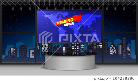 glass table in the news studio room with city in the night background glass table in the news studio room with city in the night background 104229296