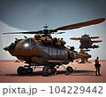 A fantastic helicopter stands in the sandy desert. Generate Ai 104229442