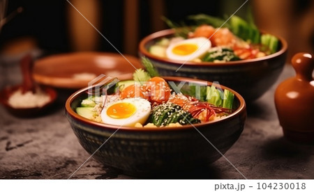 Asian poke bowl with egg and seafood on the table two servings. 104230018