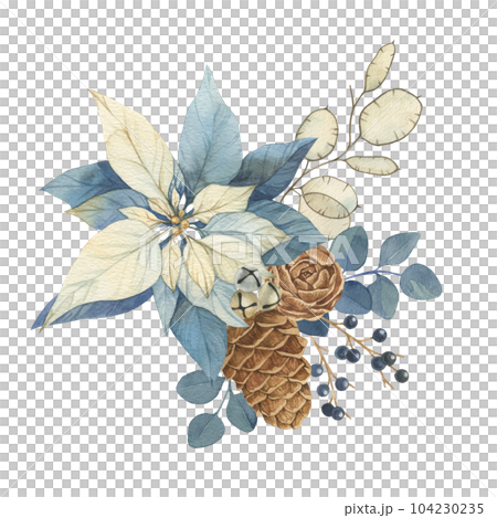 Watercolor Christmas vintage floral illustration with blue berries, poinsettia pine cones lunaria holy. Botanical watercolor illustration invitation design Watercolor Christmas vintage floral illustration with blue berries, poinsettia pine cones lunaria holy. Botanical watercolor illustration invitation design 104230235
