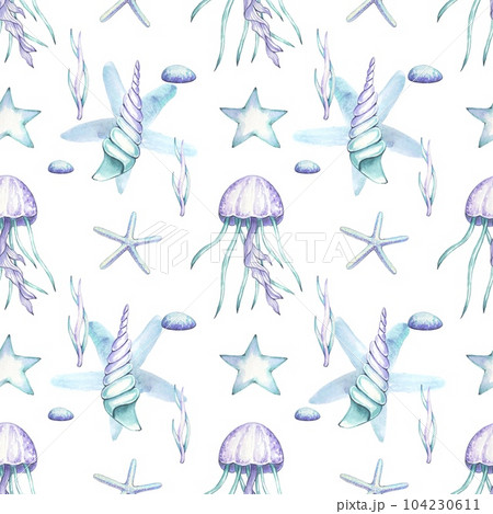 Watercolor ocean seamless pattern with jellyfish, seashells, in purple and blue colors 104230611