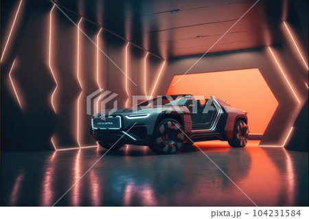 Neon racing sport car demonstrated innovative showroom. 104231584