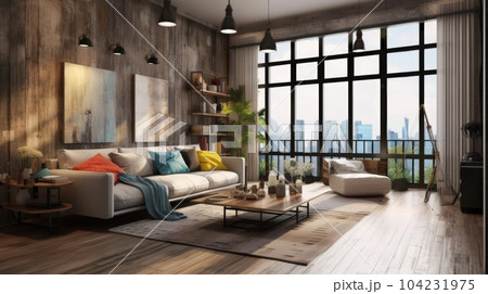 Modern living room interior with sofa and high panel windows with a view of skyscraper. Generative AI AIG27. 104231975