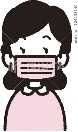 正面を向いてピンクの不織布マスクをしている女性の上半身イラスト 104232140