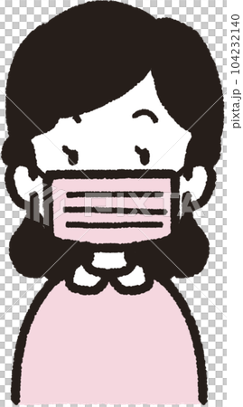 正面を向いてピンクの不織布マスクをしている女性の上半身イラスト 104232140