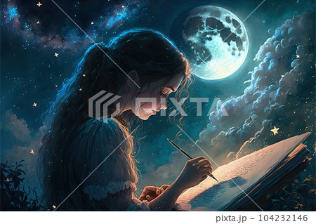 Young girl painting fairytale moonlight and...のイラスト素材