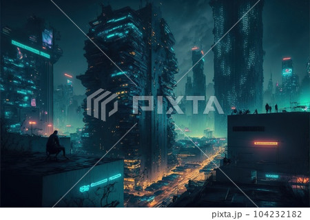 Futuristic cityscape in night time with neon light background 104232182