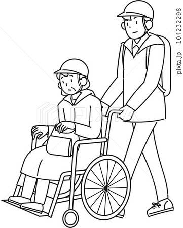 災害時に避難する車椅子に乗った高齢女性と支援する男性 災害時に避難する車椅子に乗った高齢女性と支援する男性 104232298