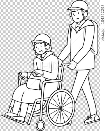 災害時に避難する車椅子に乗った高齢女性と支援する男性 災害時に避難する車椅子に乗った高齢女性と支援する男性 104232298