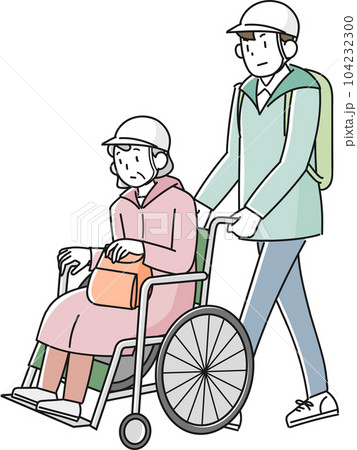 災害時に避難する車椅子に乗った高齢女性と支援する男性 104232300