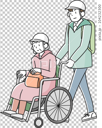 災害時に避難する車椅子に乗った高齢女性と支援する男性 104232300