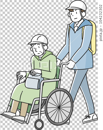An elderly man in a wheelchair evacuating during a disaster and a man who supports An elderly man in a wheelchair evacuating during a disaster and a man who supports 104232302