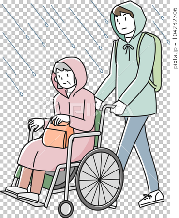 An elderly woman in a wheelchair evacuating from the rain and a man helping 104232306