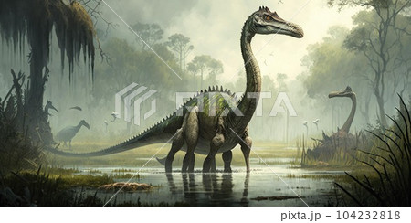 Prehistoric creature or dinosaur in the wild nature. Realistic style drawing. 104232818