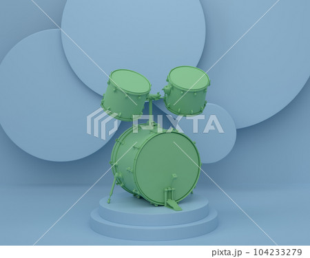 Drums with metal cymbals or drumset on cylinder podium with step on monochrome 104233279