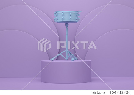 Drum and wooden drum sticks on cylinder podium with step on monochrome 104233280