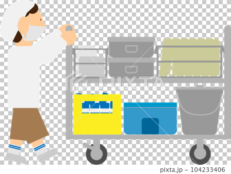 給食をのせたワゴンを運ぶ人のイラスト 104233406